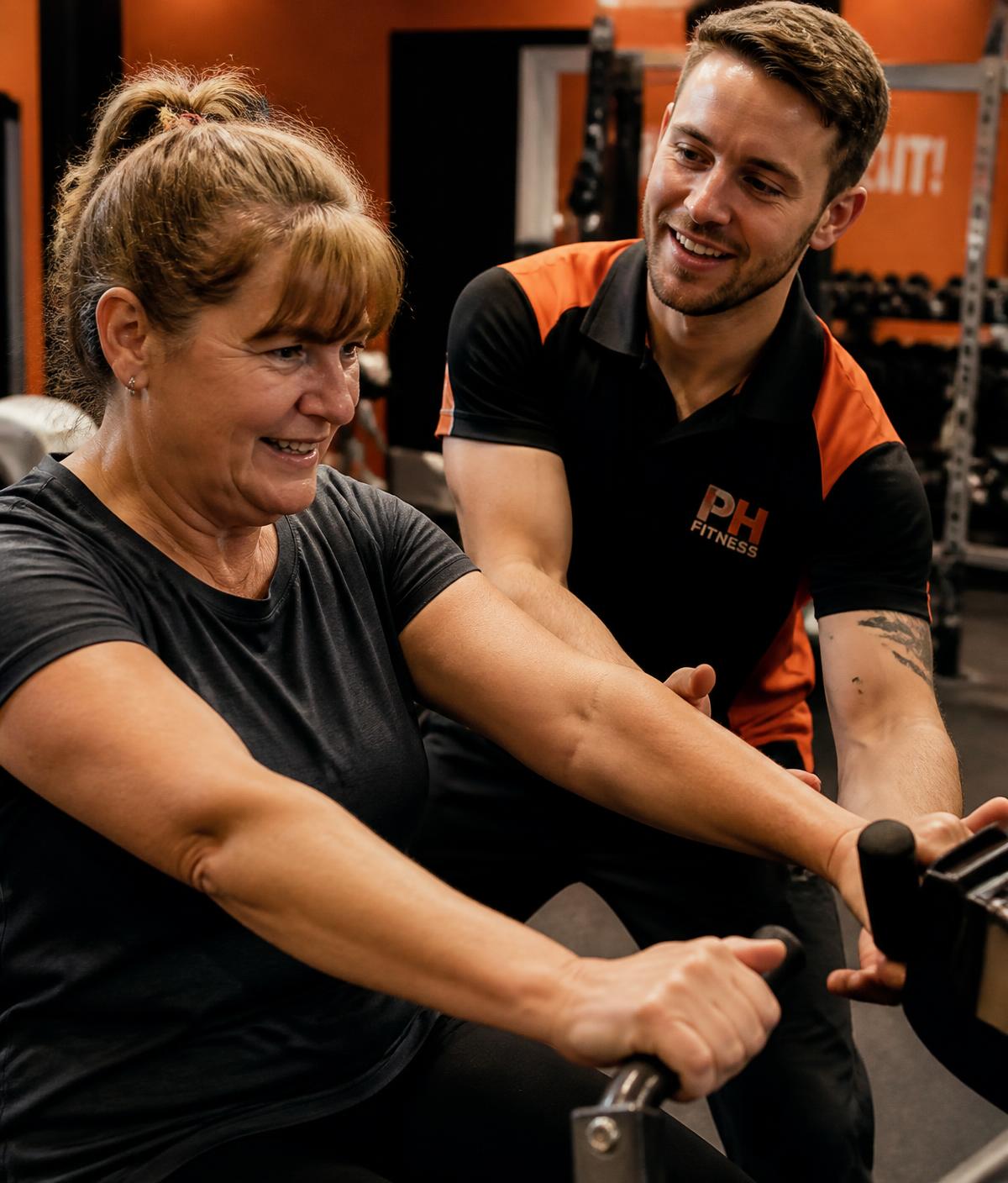 Professor da Corpo Fitness acompanhando uma aluna durante o treino